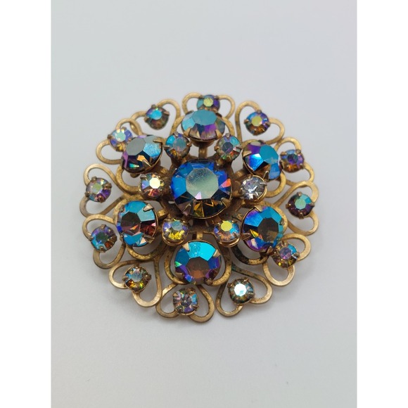 Jewelry - Aurora Borealis Rhinestone Brooch Gold Filigree Flower Grandmillennial Vintage
